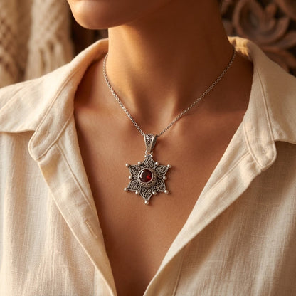 Silver Ruby Star Pendant Necklace