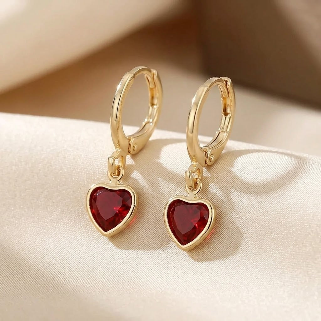 Gold Ruby Oval Drop Earrings