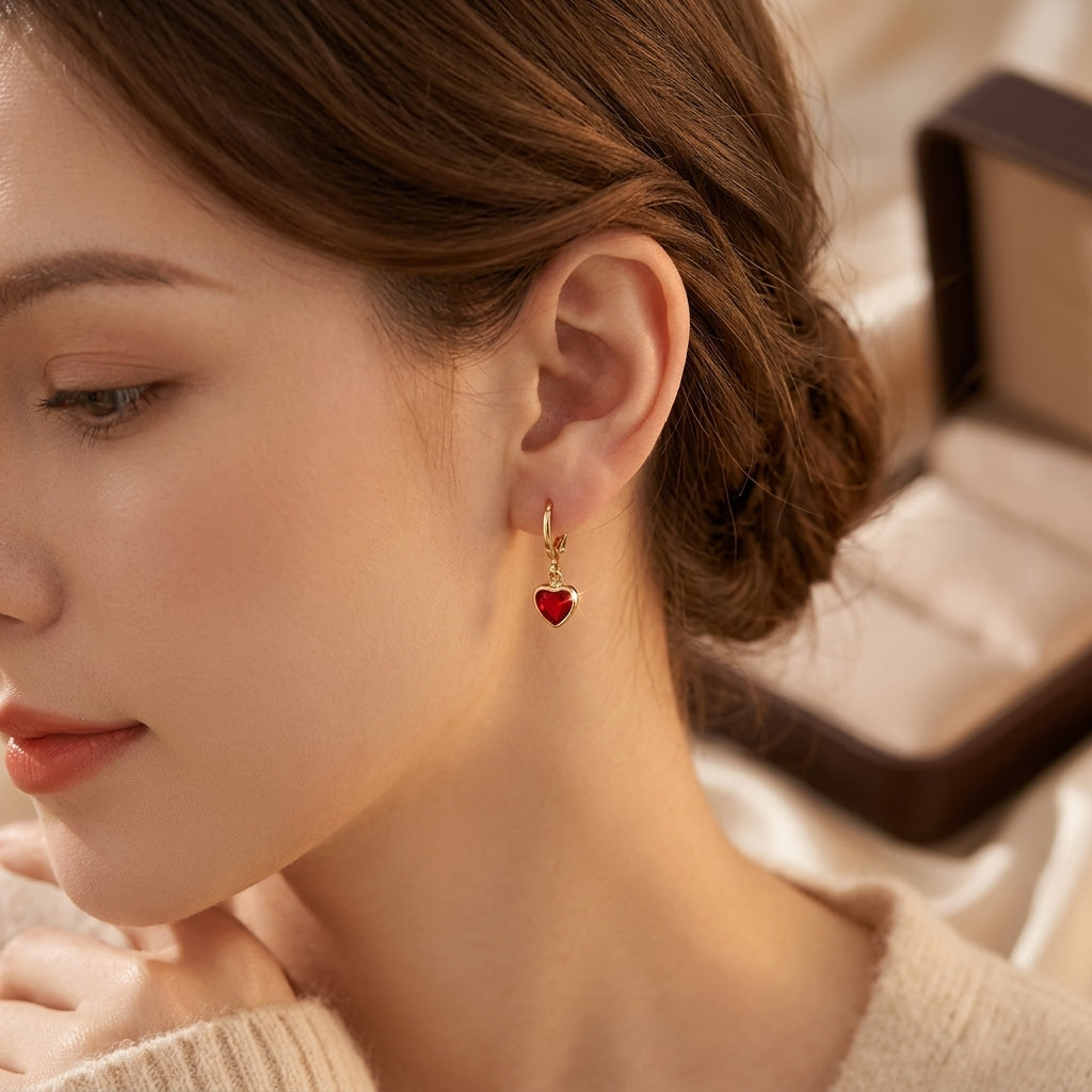 Gold Ruby Oval Drop Earrings